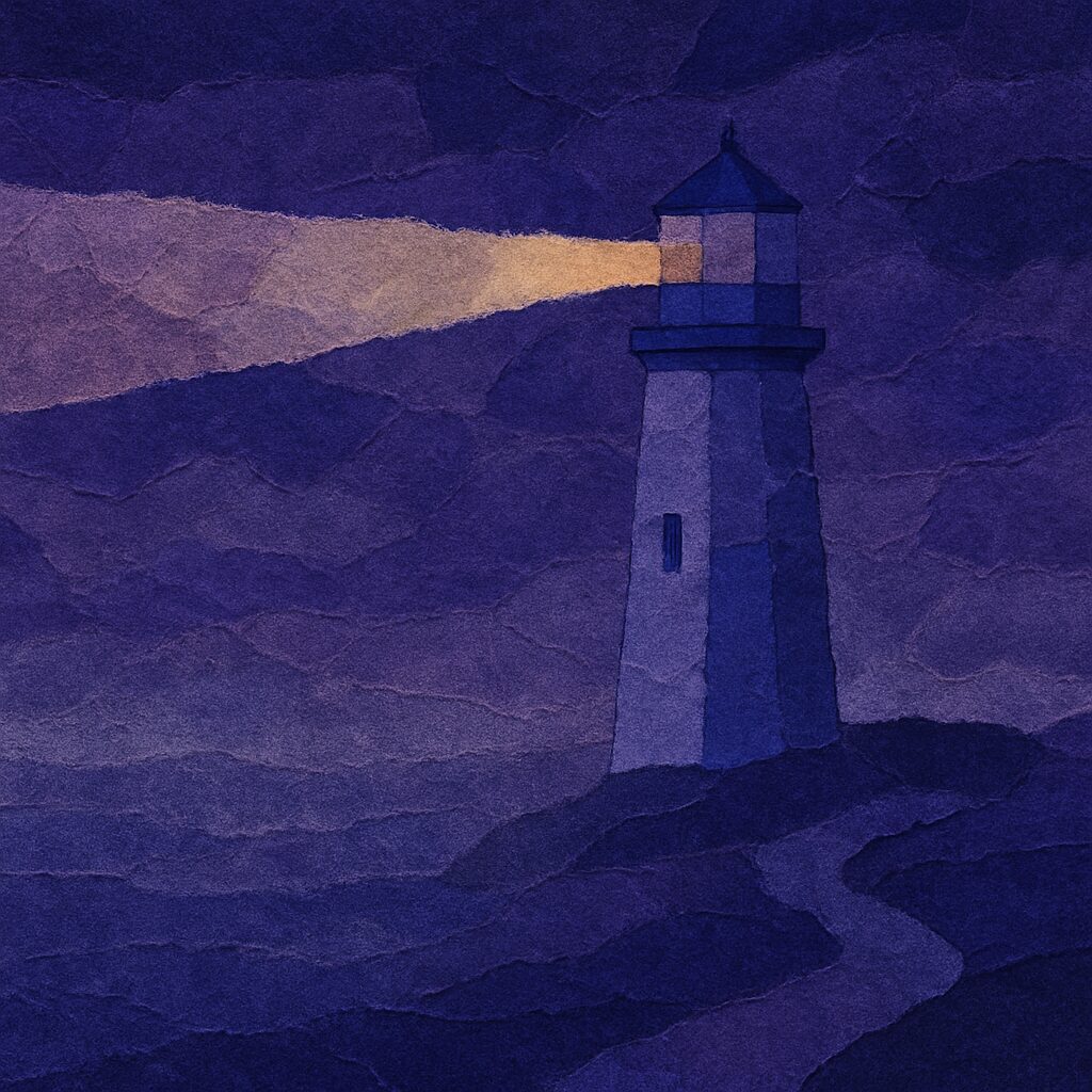 Illustration of a lighthouse casting light over a dark violet coastline